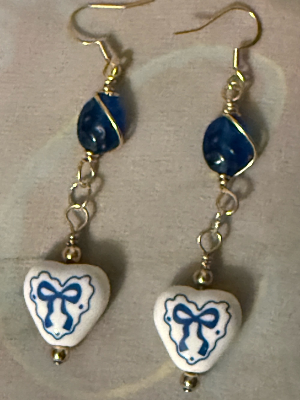 Handmade Blue and White Coquette Bow Wire Wrapped Drop Earrings •Nickel Free•